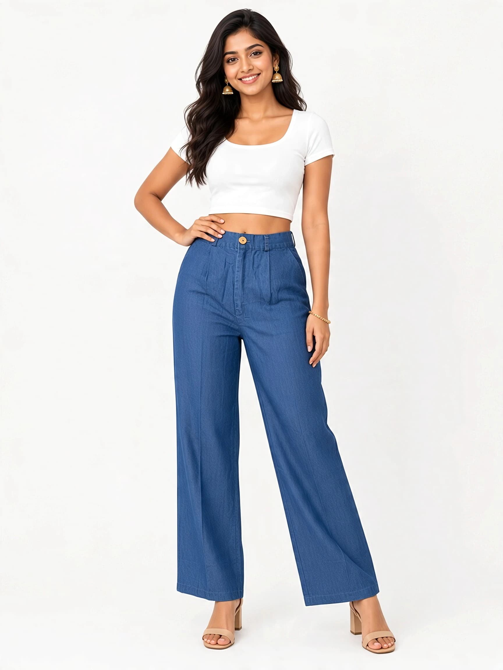 Women's Wide Leg Denim Palazzo Half Elasticated