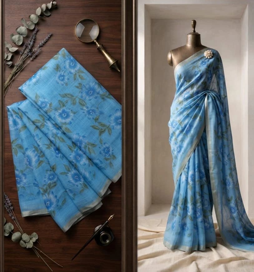 Linen Floral Saree with Blouse